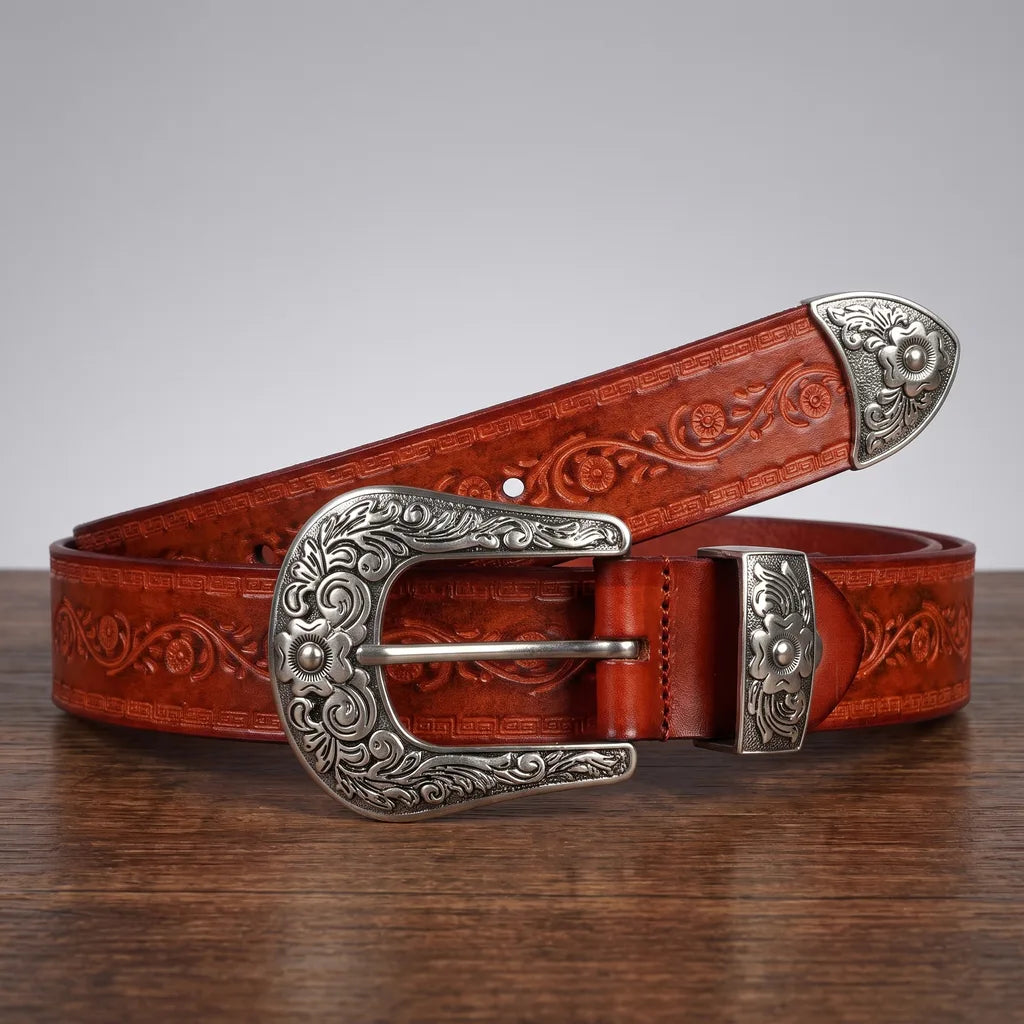 Men's Lucky Flower Red Brown Chadwick Embossed Leather Belt