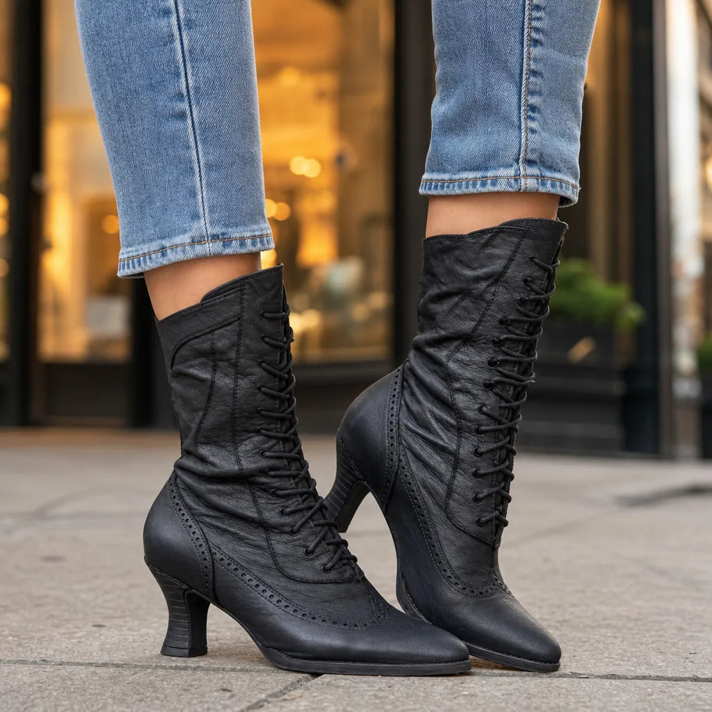 Women's Black Moody Pointed Lace-Up Boots