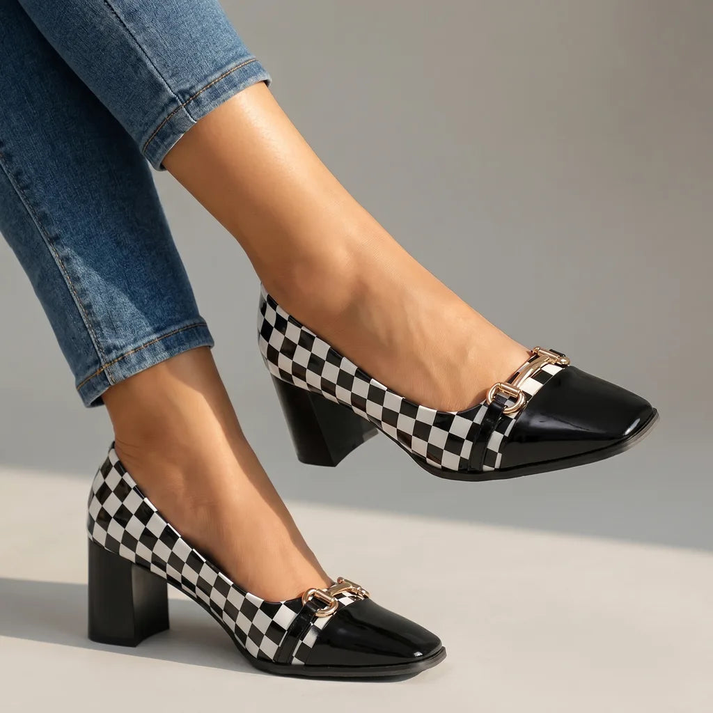 Chiara Plaid Block Heels - Color:Black;Size:35