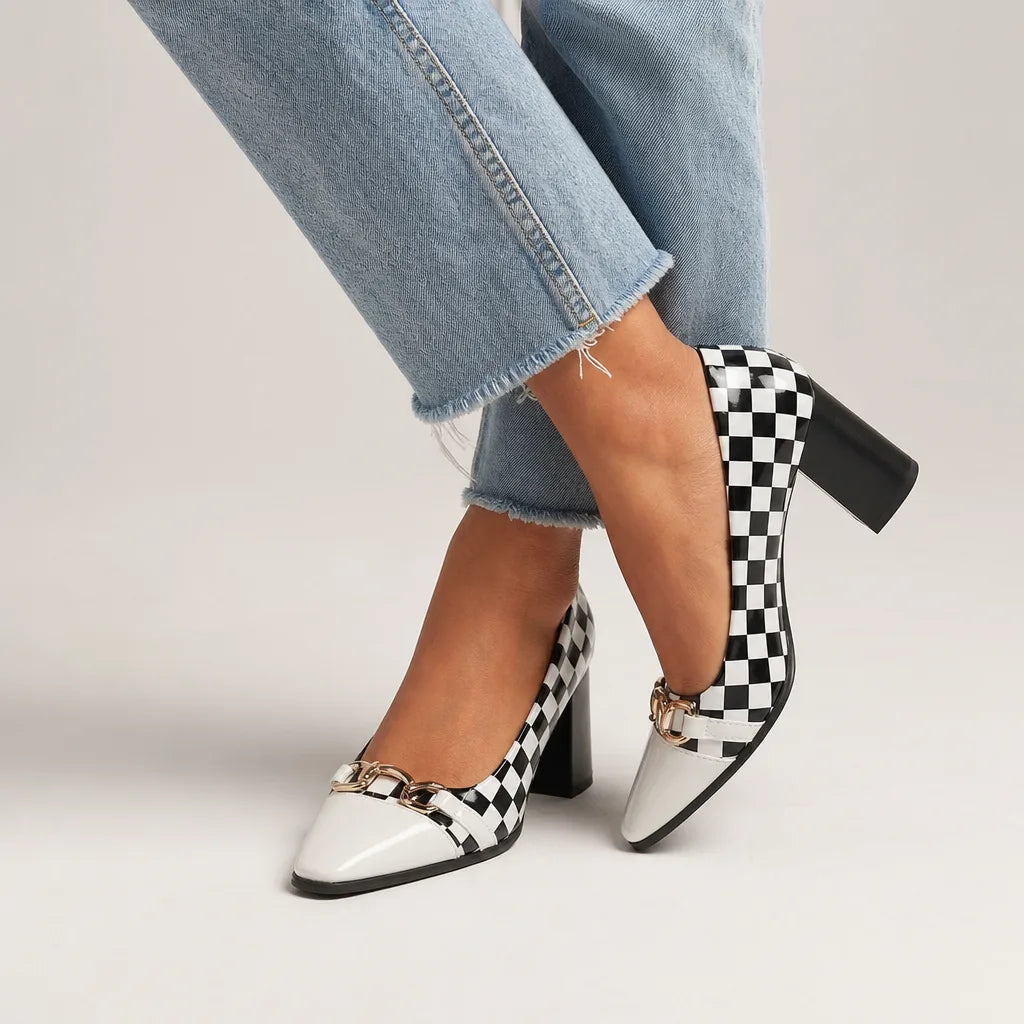 Chiara Plaid Block Heels - Color:White;Size:35