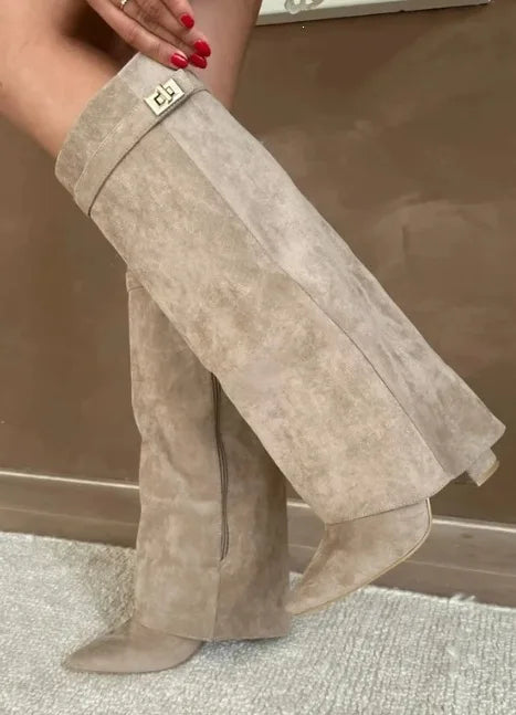 Christie | Women's Elegant Knee-High Boots  - Color:Beige;Size:35