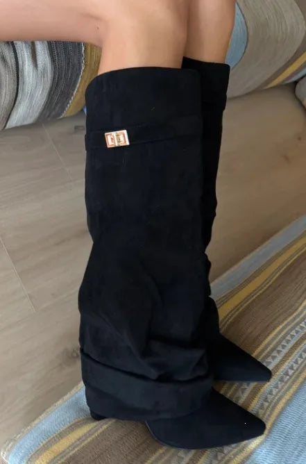 Christie | Women's Elegant Knee-High Boots  - Color:Suede Black;Size:35