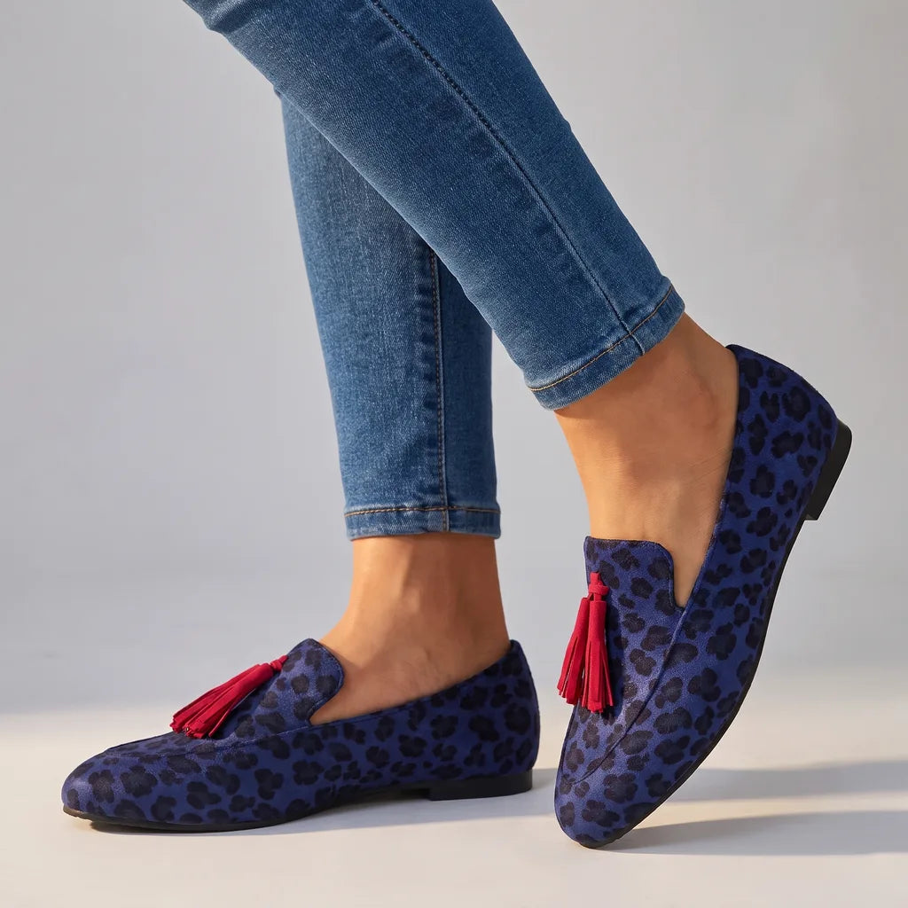 Claire | Women's Orthopedic Tassel Loafers  - Color:Leopard Blue;Size:35