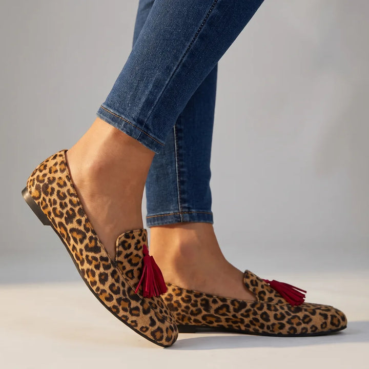 Claire | Women's Orthopedic Tassel Loafers  - Color:Leopard Yellow;Size:35