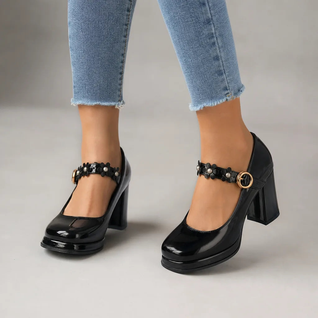 Claudia | Women's Orthopedic Floral Mary Jane Heels - Color:Black;Size:35