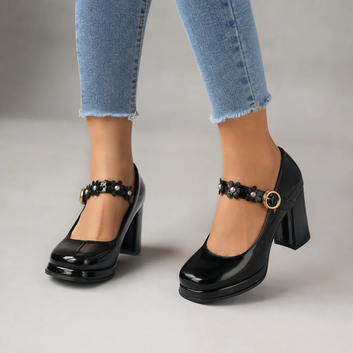 Claudia | Women's Orthopedic Floral Mary Jane Heels - Color:Black;Size:35