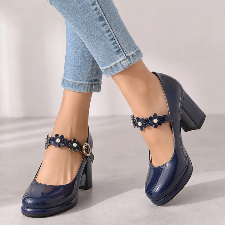 Claudia | Women's Orthopedic Floral Mary Jane Heels - Color:Blue;Size:35