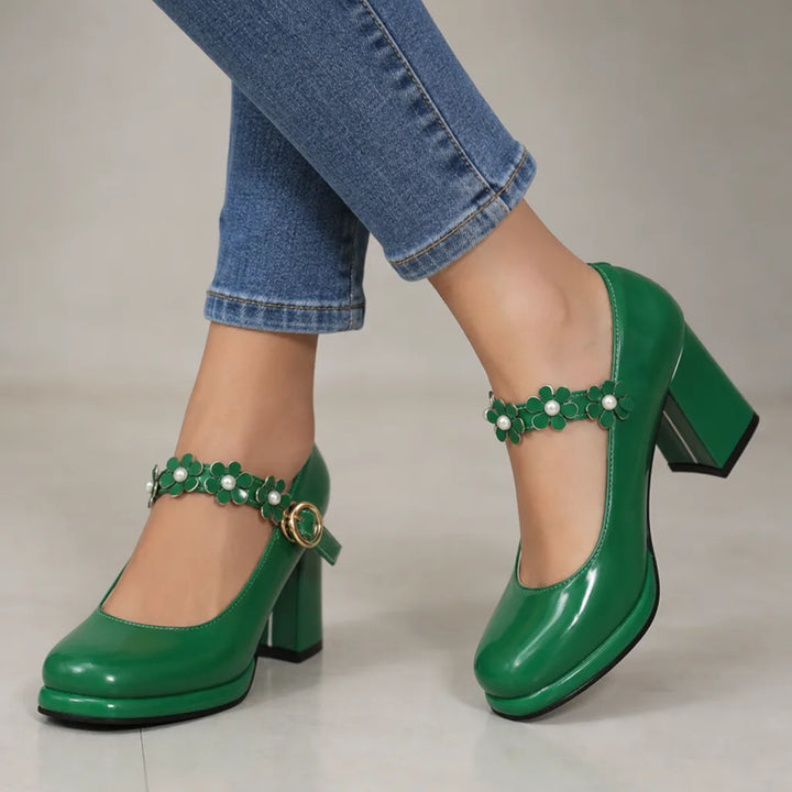 Claudia | Women's Orthopedic Floral Mary Jane Heels - Color:Green;Size:35
