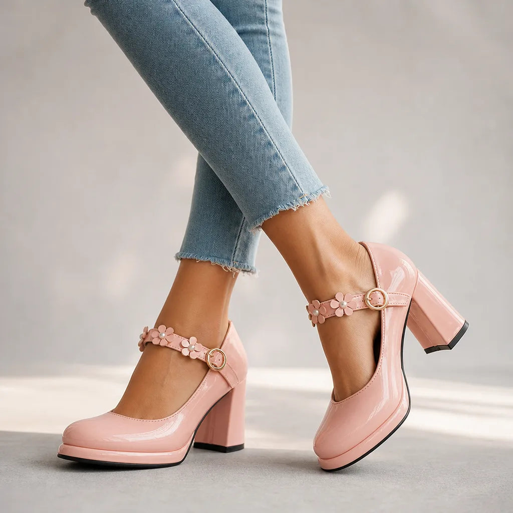 Claudia | Women's Orthopedic Floral Mary Jane Heels - Color:Pink;Size:35