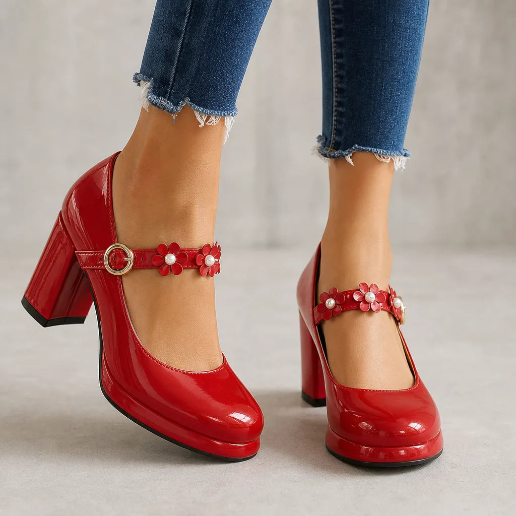 Claudia | Women's Orthopedic Floral Mary Jane Heels - Color:Red;Size:35