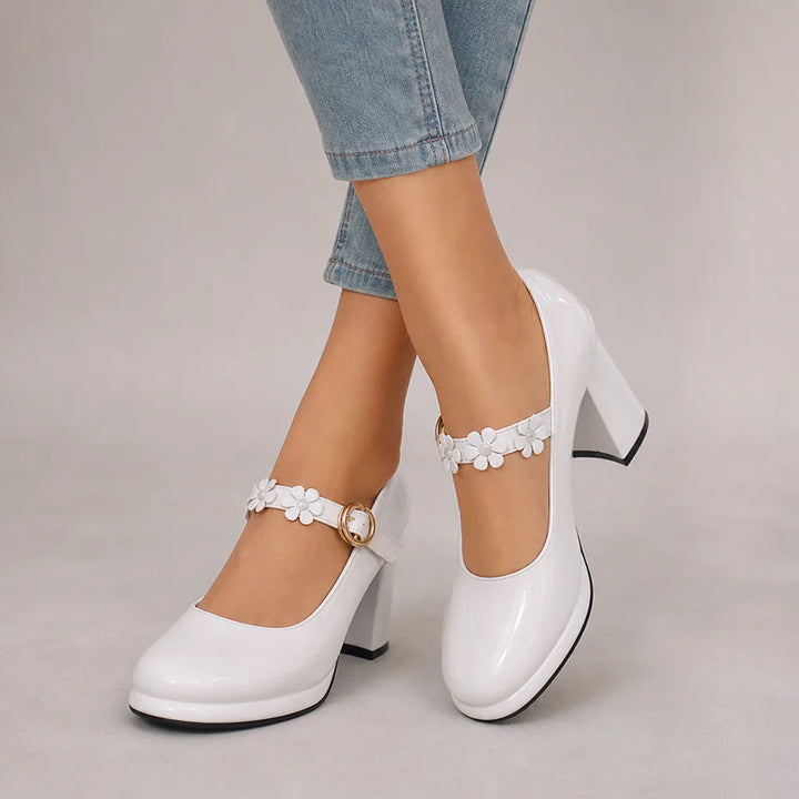 Claudia | Women's Orthopedic Floral Mary Jane Heels - Color:White;Size:35