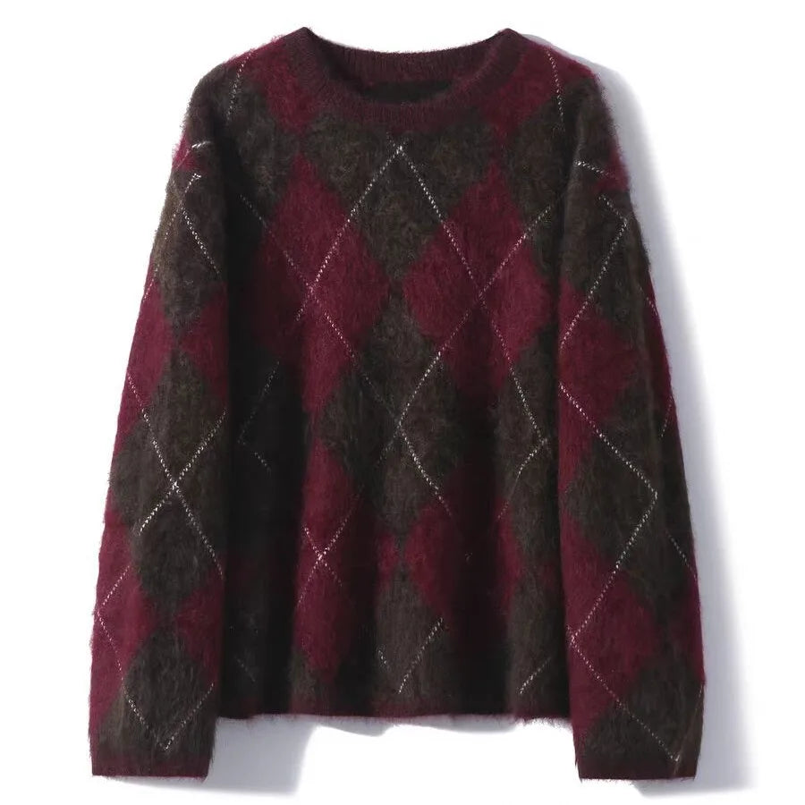 Clementine | Women's Diamond Argyle Knit Sweater  - Color:Red-Brown;Size:XS