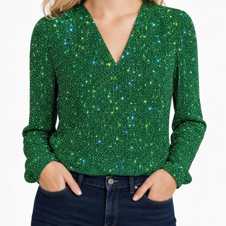 Clementine | Women's Glitter V-Neck Blouse - Color:Green;Size:XS