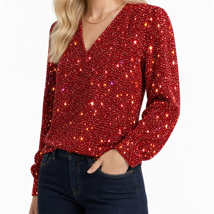 Women's Red Margaux Sequin V Neck Top