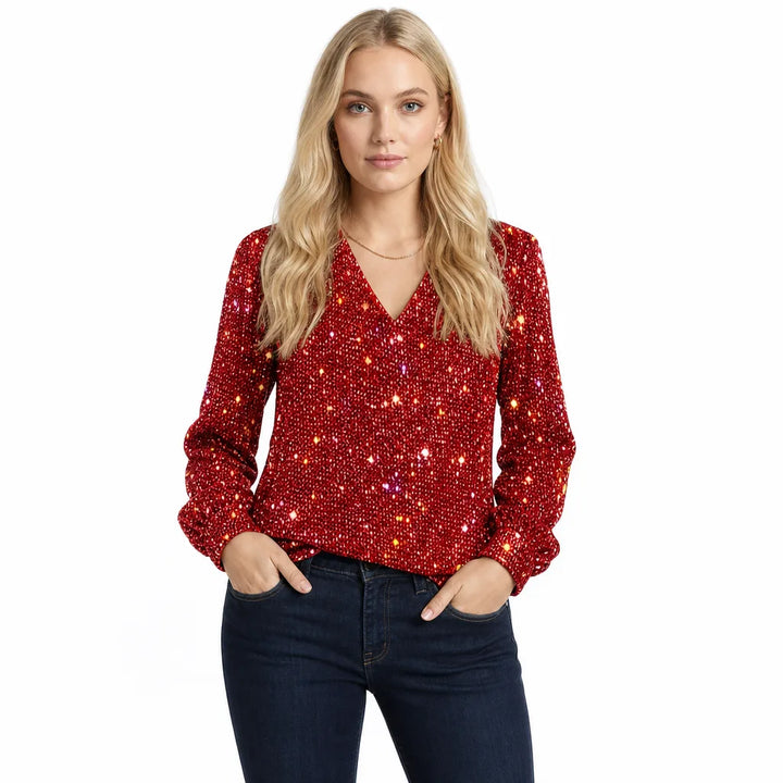 Women's Red Margaux Sequin V Neck Top