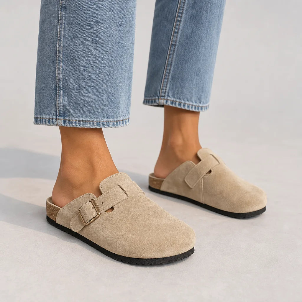 Cleo | Suede Buckle Clogs - Color:Beige;Size:35