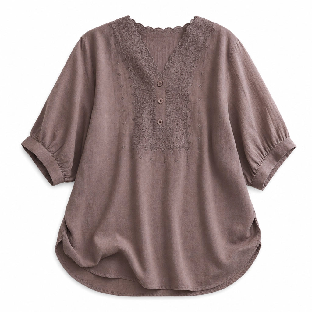 Lea Embroidered Blouse - Color:Coffee;Size:S