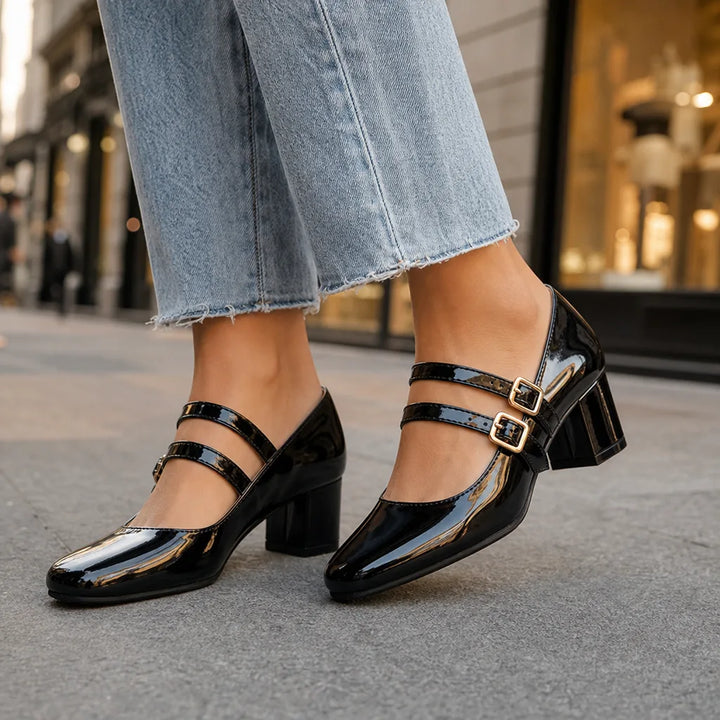 Women's Black Cohen Buckle Block Heel Pumps