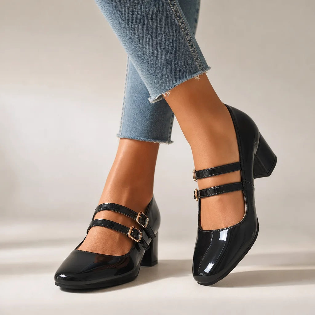 Women's Black Cohen Buckle Block Heel Pumps