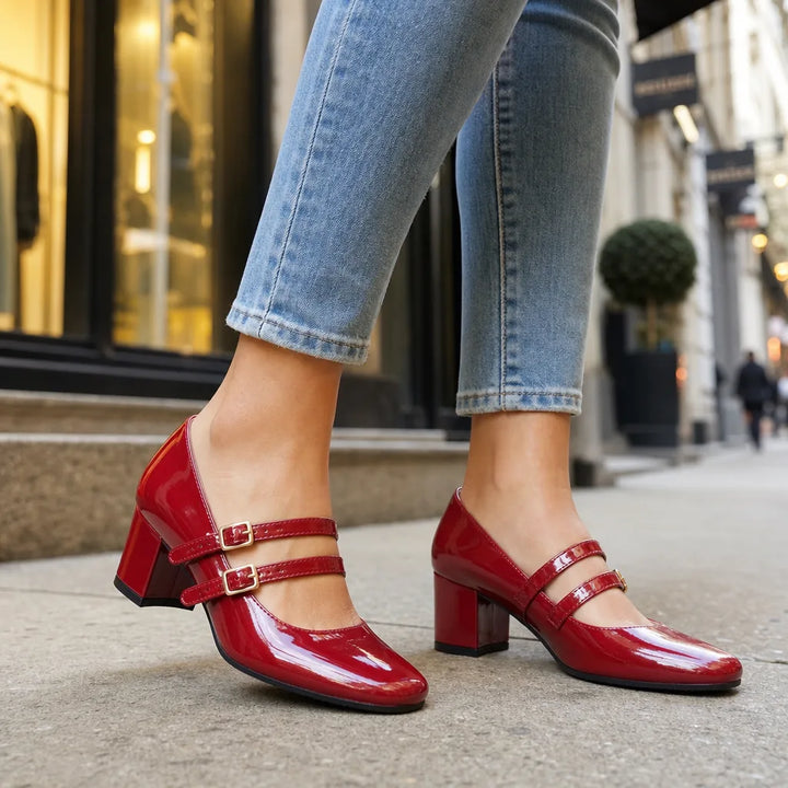 Women's Red Cohen Buckle Block Heel Pumps