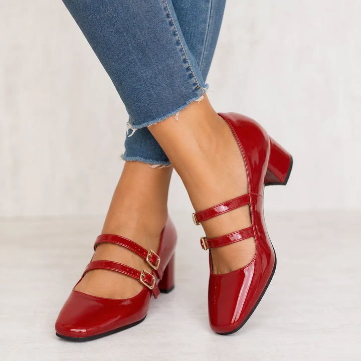 Women's Red Cohen Buckle Block Heel Pumps