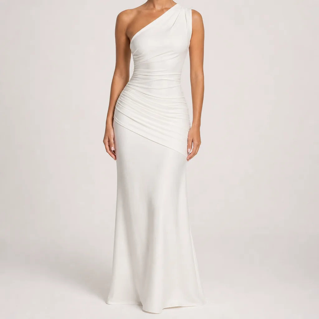 Colette | Elegant Evening Satin Cocktail Maxi Dress - Color:White;Size:XS