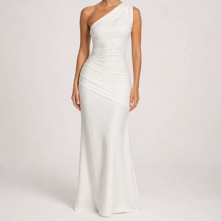 Colette | Elegant Evening Satin Cocktail Maxi Dress - Color:White;Size:XS
