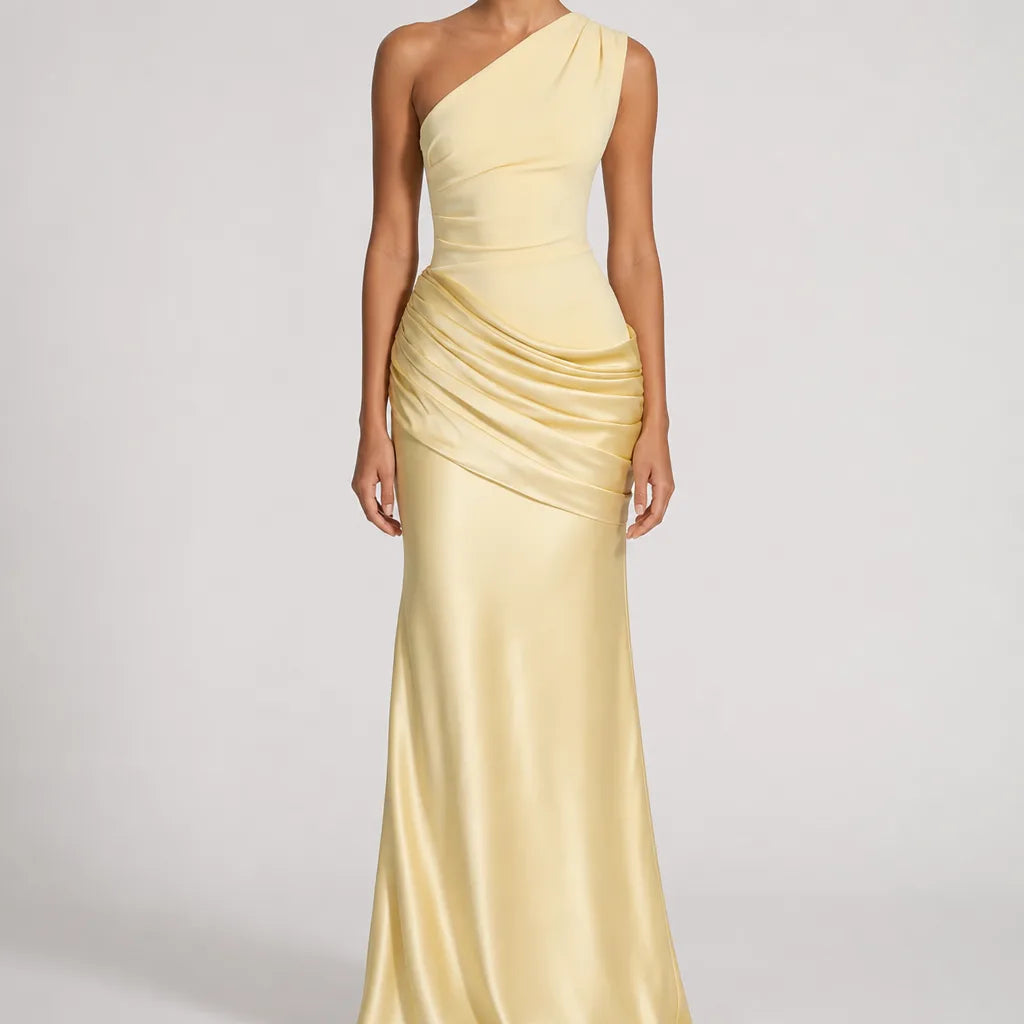 Colette | Elegant Evening Satin Cocktail Maxi Dress - Color:Yellow;Size:XS