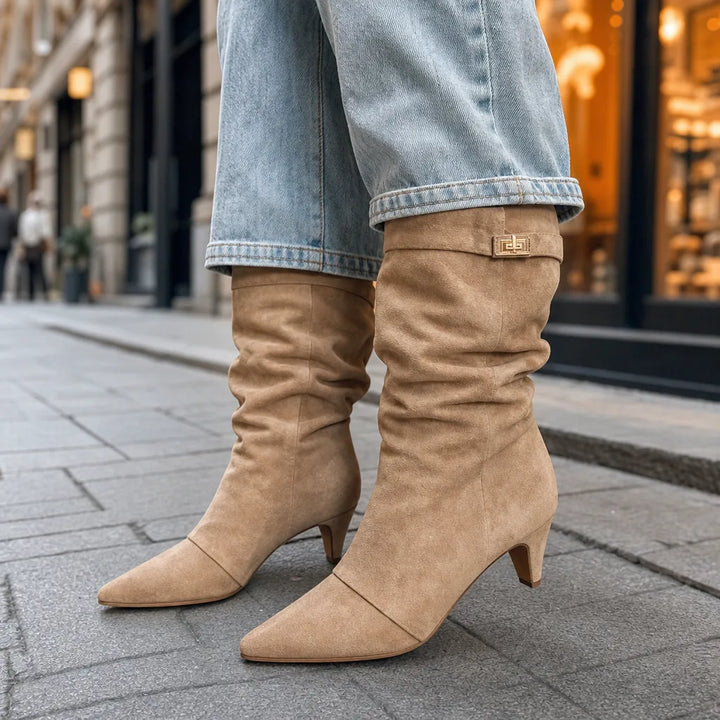 Women's Beige Holiday Buckle Knee Boots