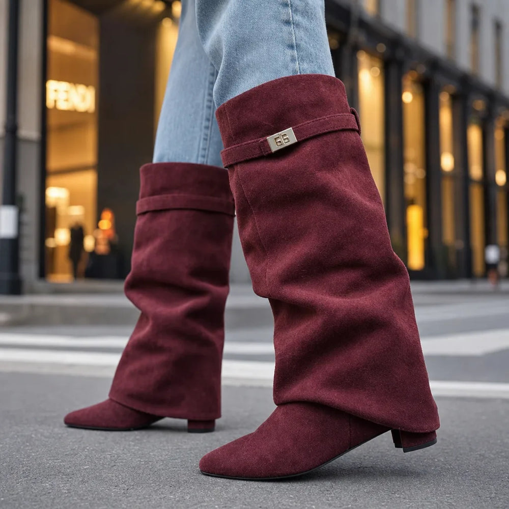 Women's Red Holiday Buckle Knee Boots