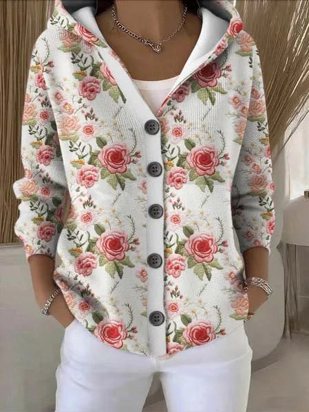 Constance | Women's Elegant Hoodie Sweater - Size:XS;Color:Floral White