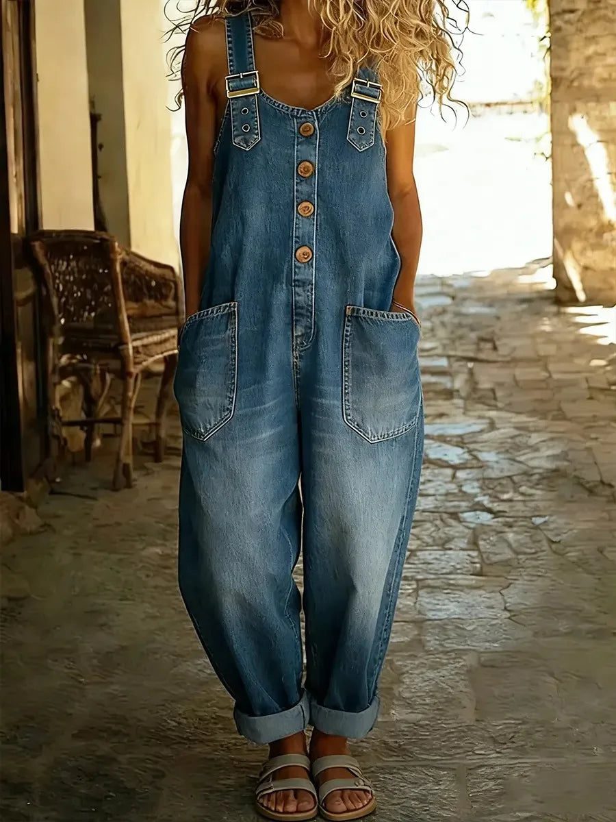 Corinne | Women's Vintage Denim-Look Overalls - Color:Blue;Size:XXS