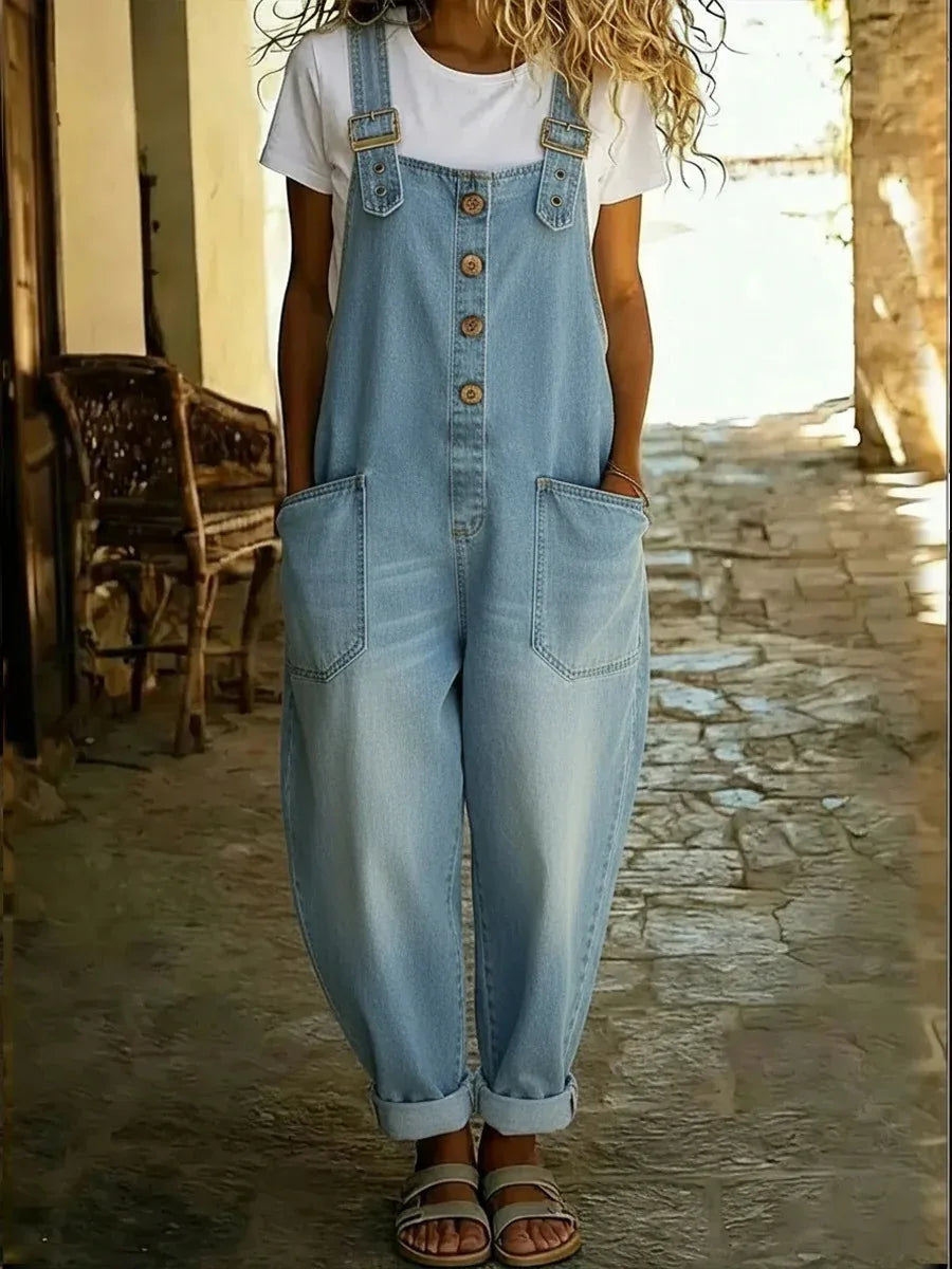Corinne | Women's Vintage Denim-Look Overalls - Color:Light Blue;Size:XXS