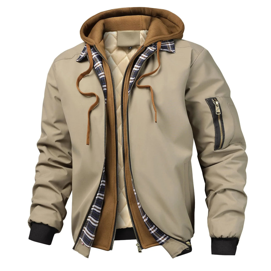 Cranston | Men's Quilted Hooded Bomber Jacket - Color:Khaki;Size:XS
