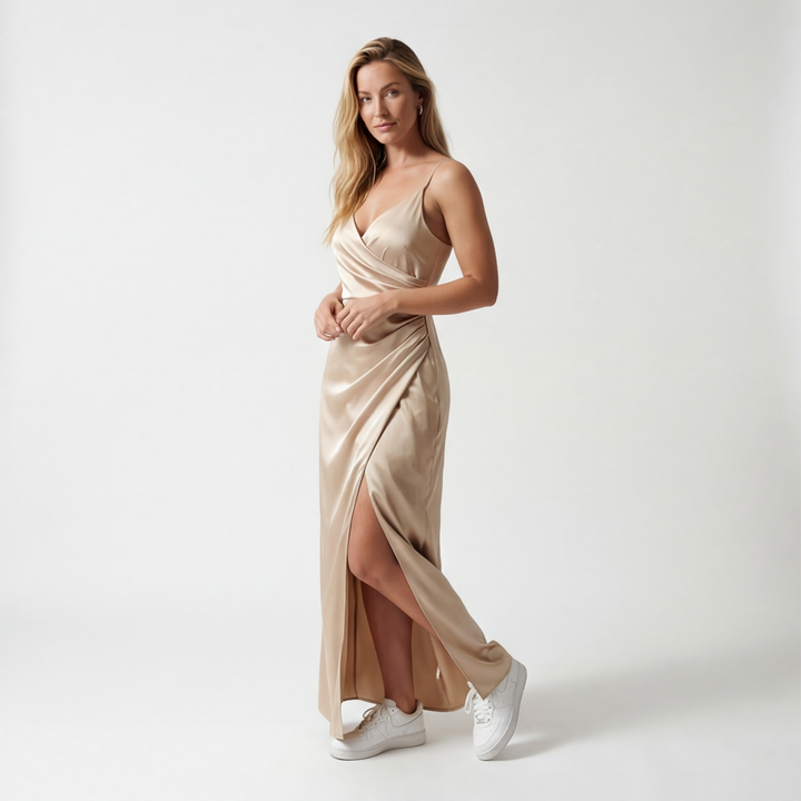 Cream Elena Ruched Silk Dress 2