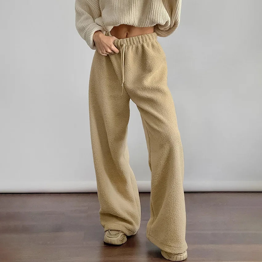 Daisie | Women Soft Wide Leg Fleece Plants - Color:Khaki;Size:XS