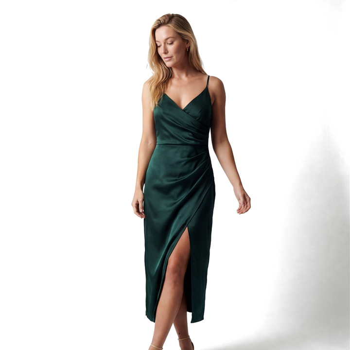 Dark Green Elena Ruched Silk Dress 2