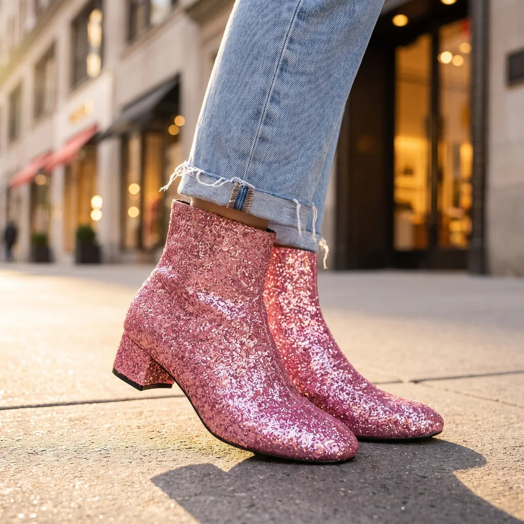Women's Pink Fremont Sequin Heeled Boots