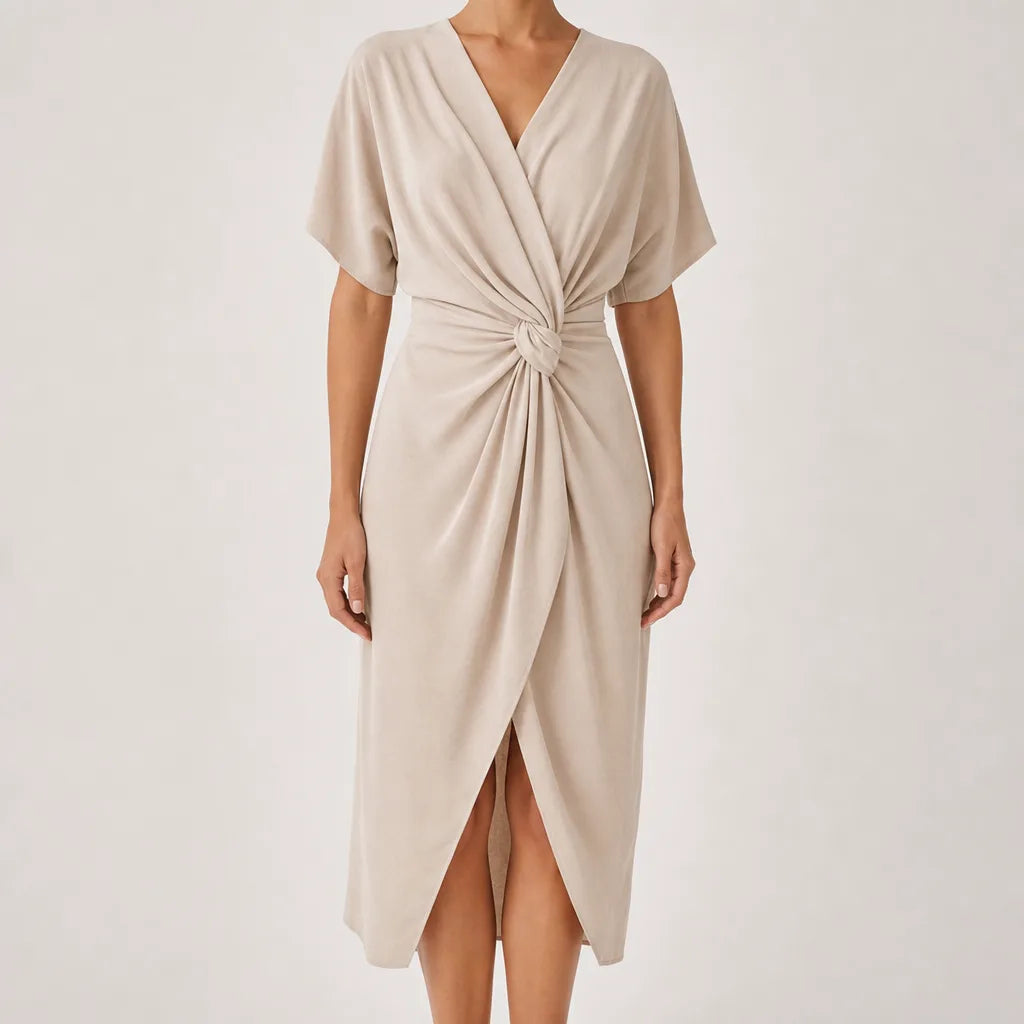 Delphine Knot-Front Midi Dress  - Color:Beige;Size:XS