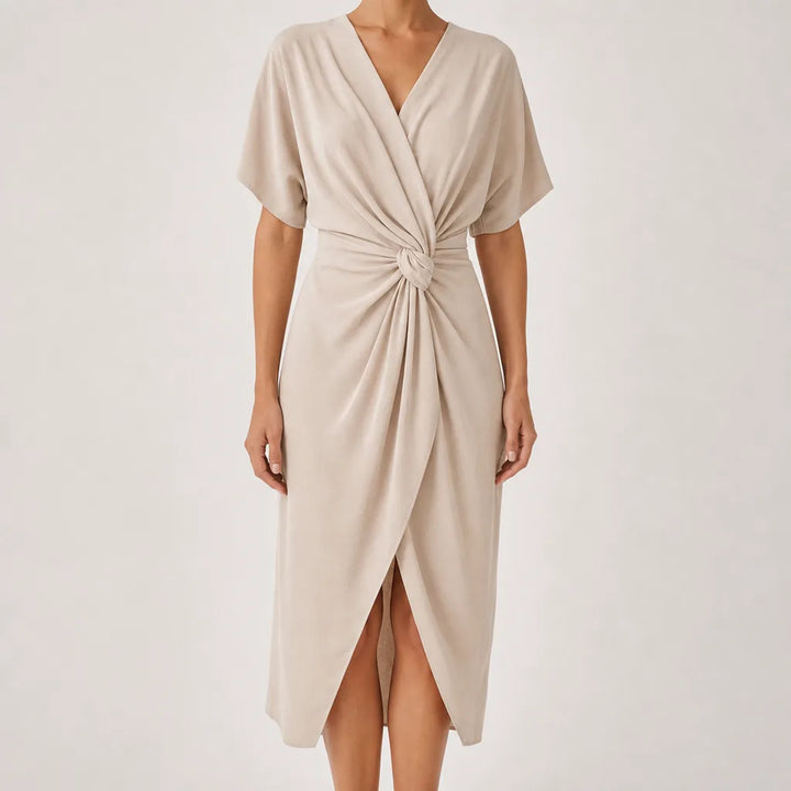 Delphine Knot-Front Midi Dress  - Color:Beige;Size:XS