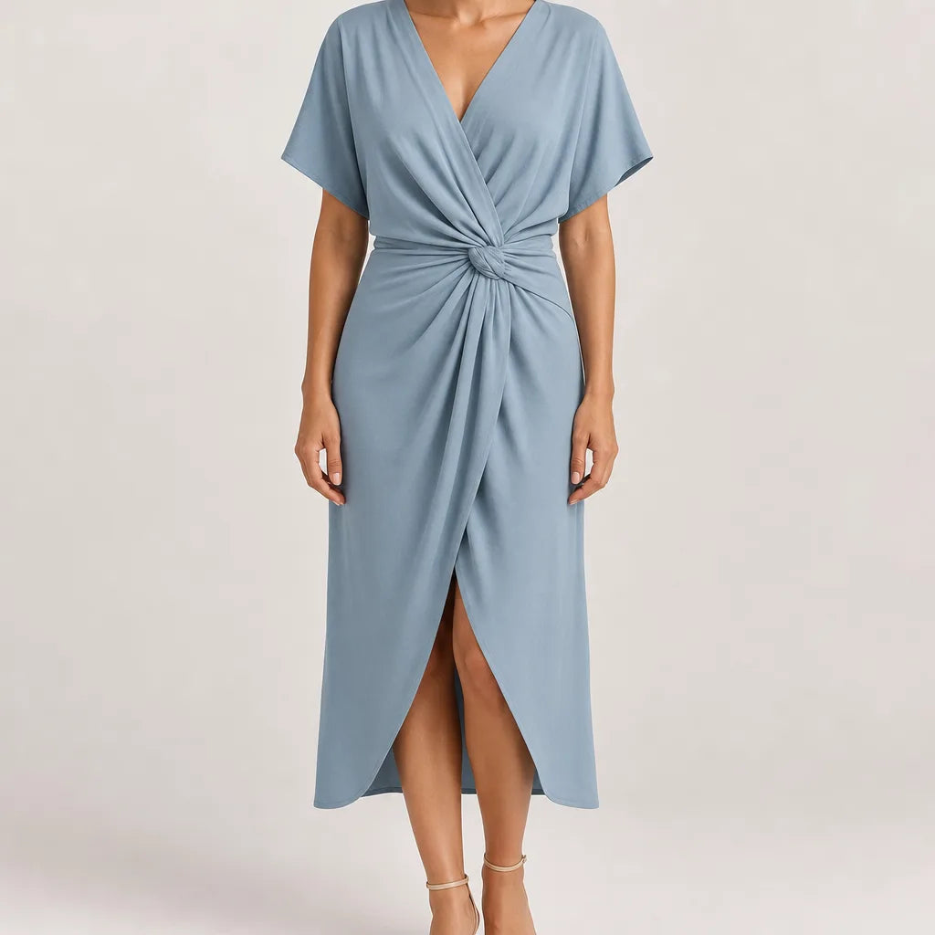 Delphine Knot-Front Midi Dress  - Color:Blue;Size:XS