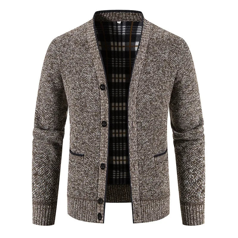 Dominik | Men's V-Neck Knit Cardigan - Color:Brown;Size:S