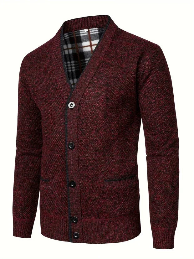 Dominik | Men's V-Neck Knit Cardigan - Color:Red;Size:S