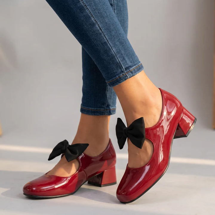 Doris | Women's Bow-Tie Mary Jane Heels   - Color:Wine Red;Size:35
