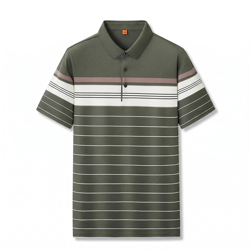 Dylan Striped Cotton Polo - Color:Army Green;Size:2XL
