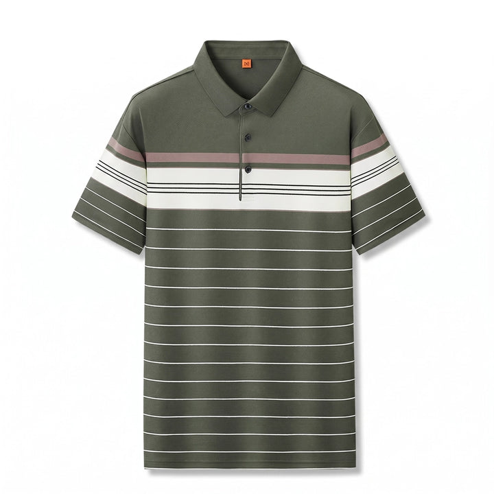 Dylan Striped Cotton Polo - Color:Army Green;Size:2XL