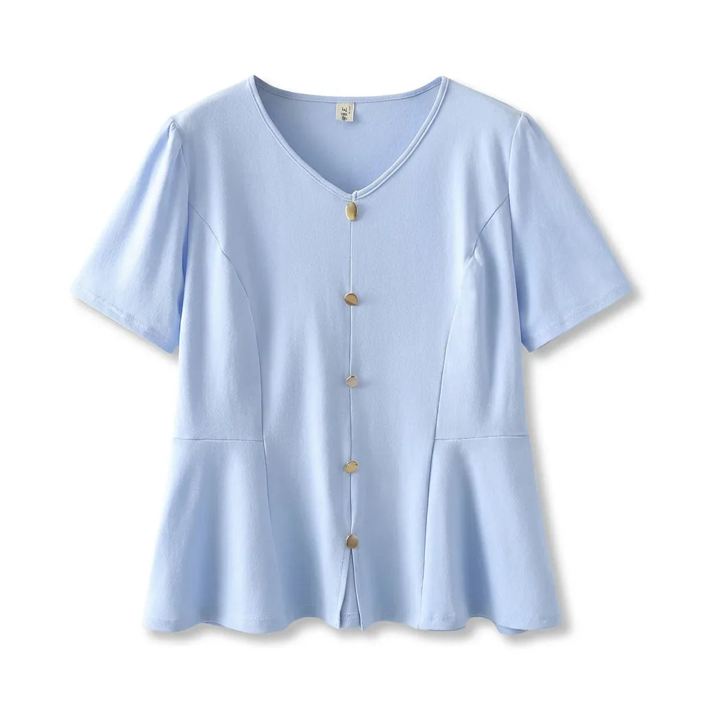 Eden V-Neck Design Blouse - Color:Blue;Size:L