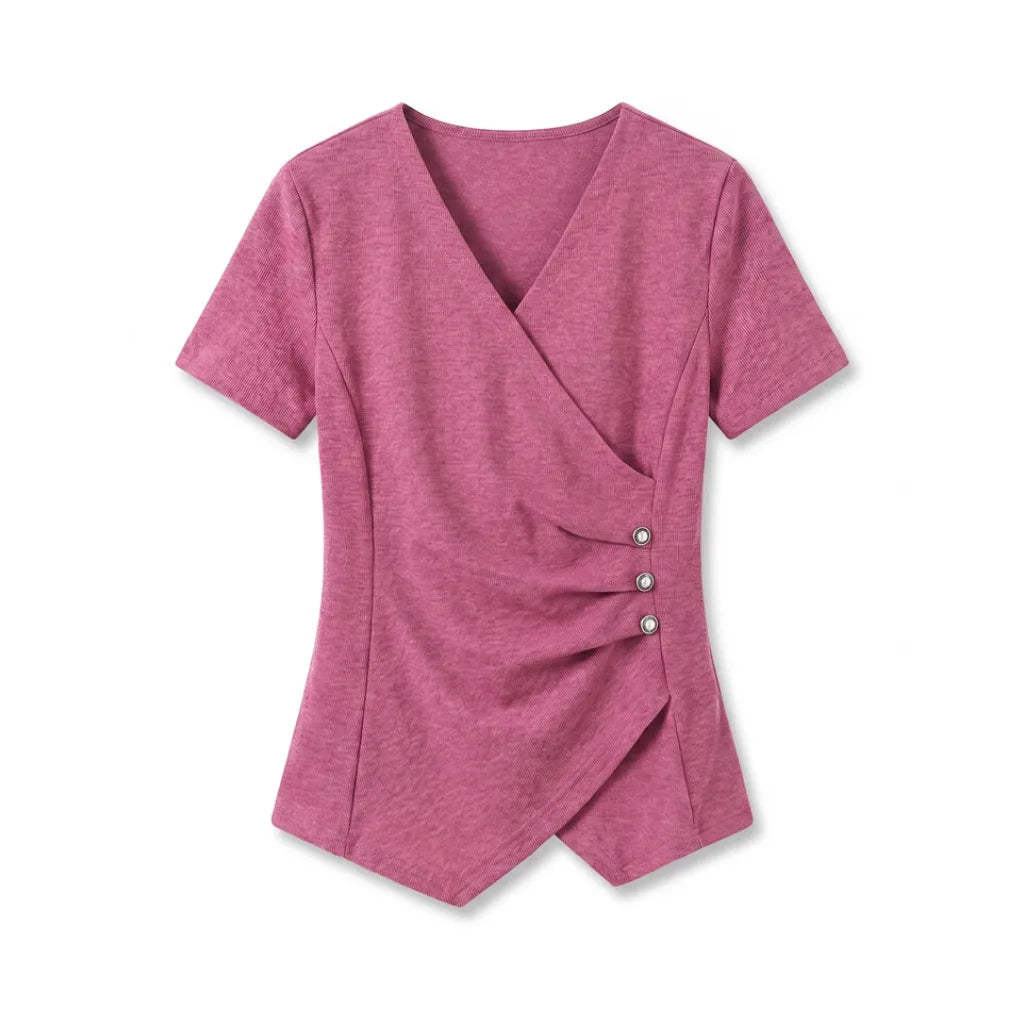Eileen Asymmetric Tee - Color:Rose Red;Size:S