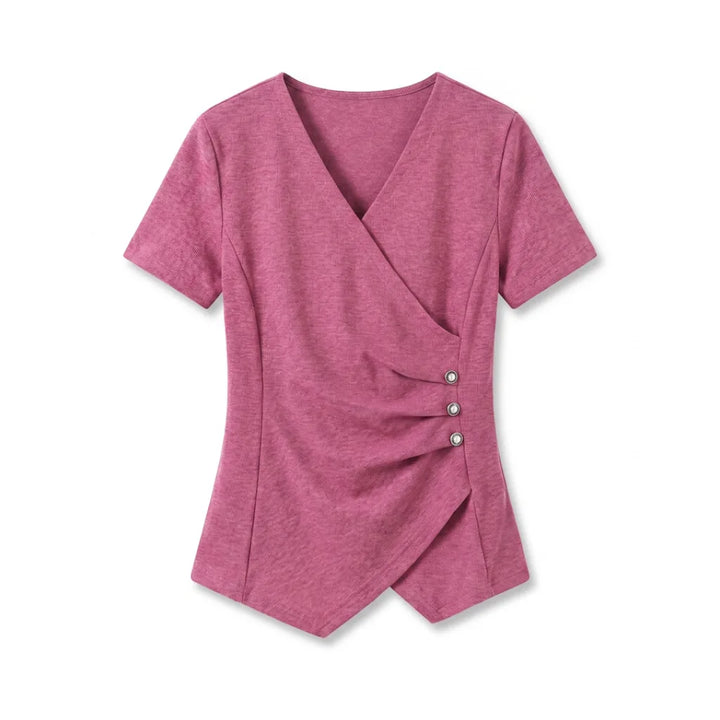 Eileen Asymmetric Tee - Color:Rose Red;Size:S