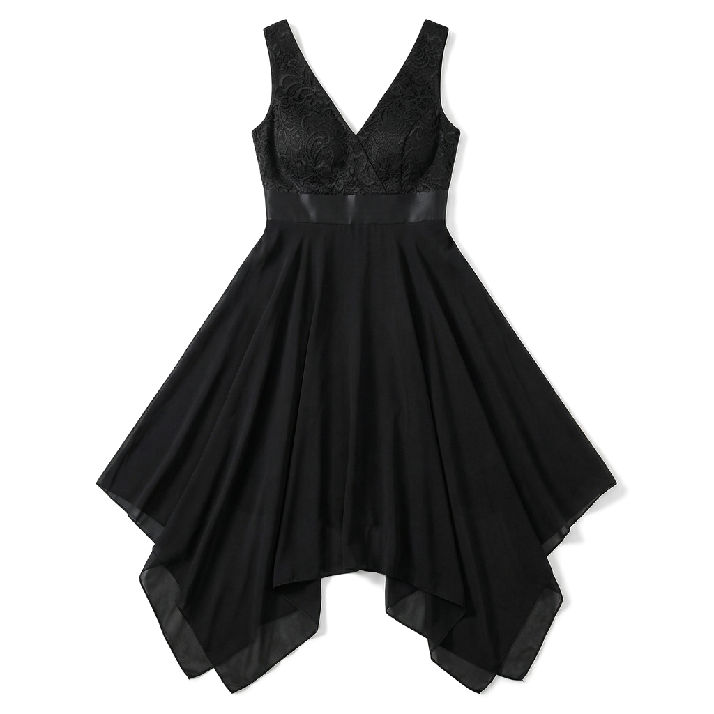 Elara Chiffon Lace Dress - Color:Black;Size:XS